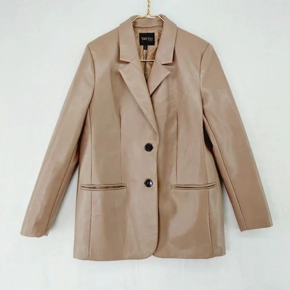 Truth by Republic Womens Toffee 2 Buttons Long Sleeve Faux Leather Blazer Small